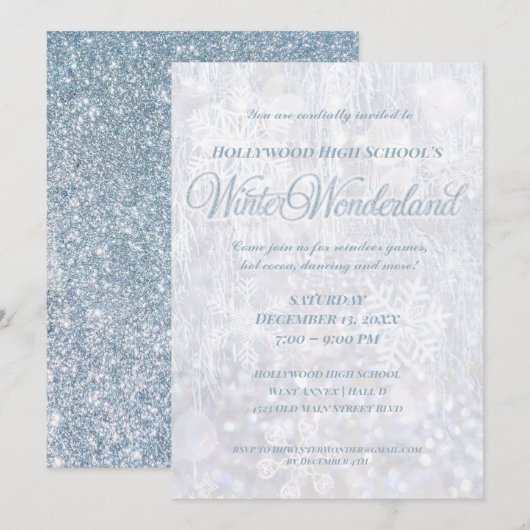 Winter Wonderland Silver Sparkle Party Invitation Kaart (Voorkant / Achterkant)