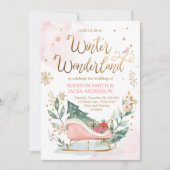 Winter Wonderland Sleigh Roze Goud Rustieke Bruilo Kaart (Voorkant)