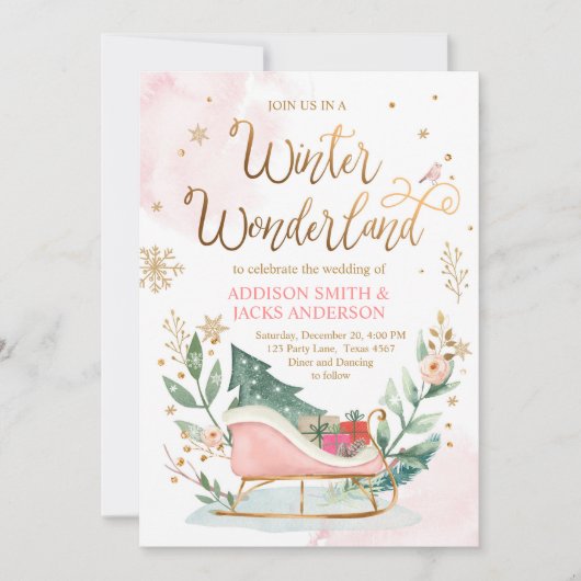 Winter Wonderland Sleigh Roze Goud Rustieke Bruilo Kaart (Voorkant)
