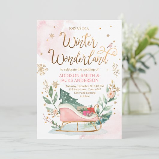 Winter Wonderland Sleigh Roze Goud Rustieke Bruilo Kaart (Staand voorkant)
