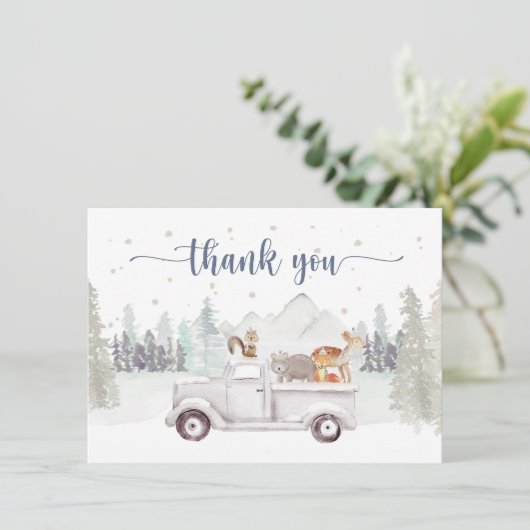 Winter Wonderland, Sneeuwende Dieren & Vrachtwagen Bedankkaart (Staand voorkant)