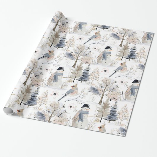 Winter Wonderland Sneeuwman en vogelpatroon Cadeaupapier (Uitgerold)