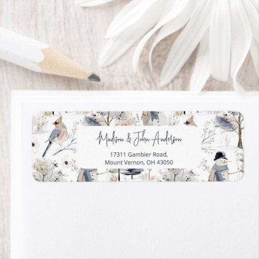 Winter Wonderland Sneeuwman en vogelpatroon Etiket (Insitu)