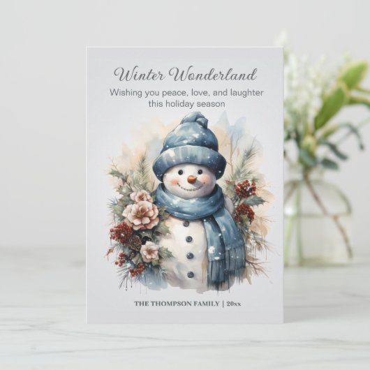 Winter Wonderland Sneeuwman Stofblauw Feestdagenkaart (Staand voorkant)