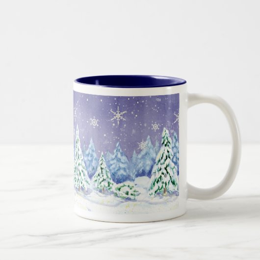 Winter Wonderland Sneeuwscène Pine Trees Coffee Cu Tweekleurige Koffiemok (Rechts)