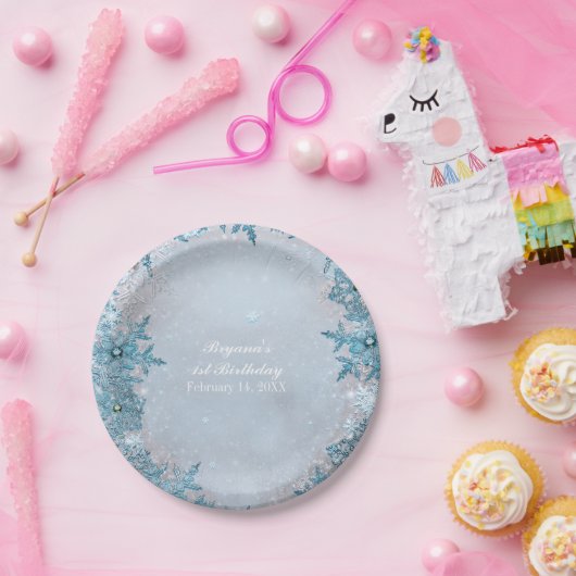 Winter Wonderland Sneeuwvlokken Blauw Elegant Part Papieren Bordje (Feest)
