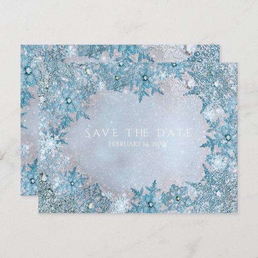 Winter Wonderland Sneeuwvlokken Blauw Save the Dat Aankondigingskaart (Voorkant / Achterkant)