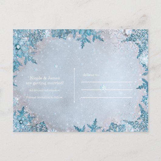 Winter Wonderland Sneeuwvlokken Blauw Save the Dat Aankondigingskaart (Achterkant)