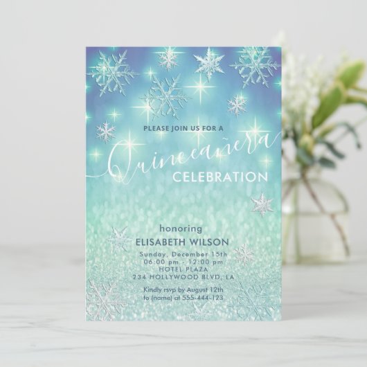 Winter wonderland sneeuwvlokken glitter Quinceañer Kaart (Staand voorkant)