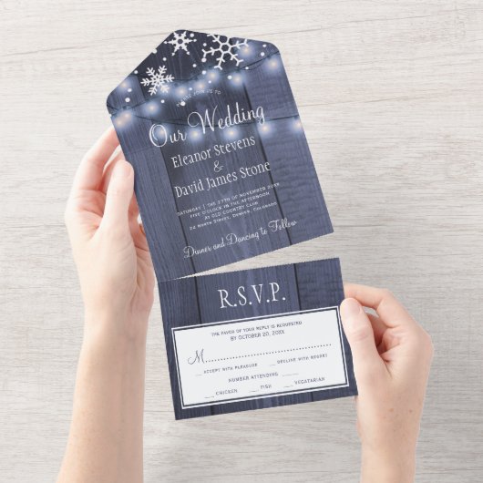 Winter wonderland sneeuwvlokken rustieke bruiloft all in one uitnodiging (Afscheurbaar)