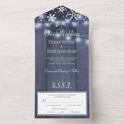 Winter wonderland sneeuwvlokken rustieke bruiloft  all in one uitnodiging (Binnen)