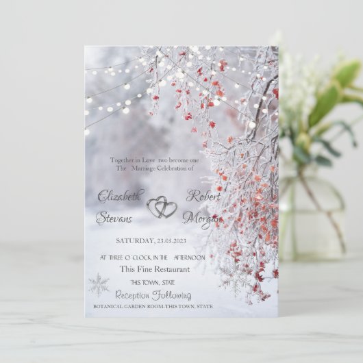 Winter Wonderland, Snow String Lights Wedding Invi Kaart (Staand voorkant)