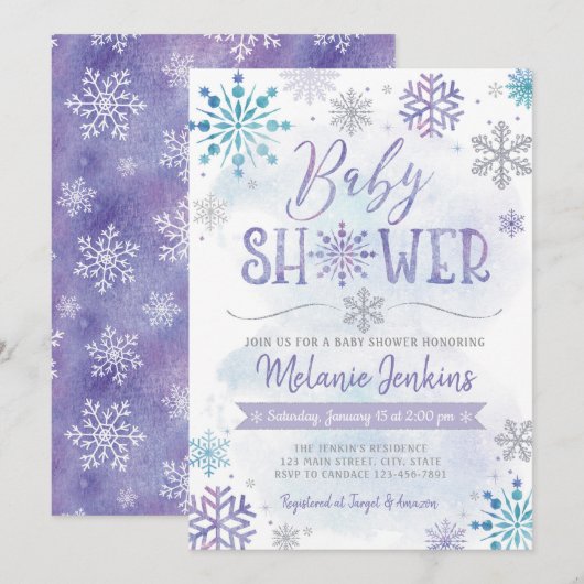 Winter Wonderland Snowflake Baby shower Uitnodigin Kaart (Voorkant / Achterkant)