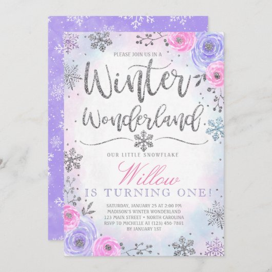 Winter Wonderland Snowflake Birthday Uitnodiging (Voorkant / Achterkant)
