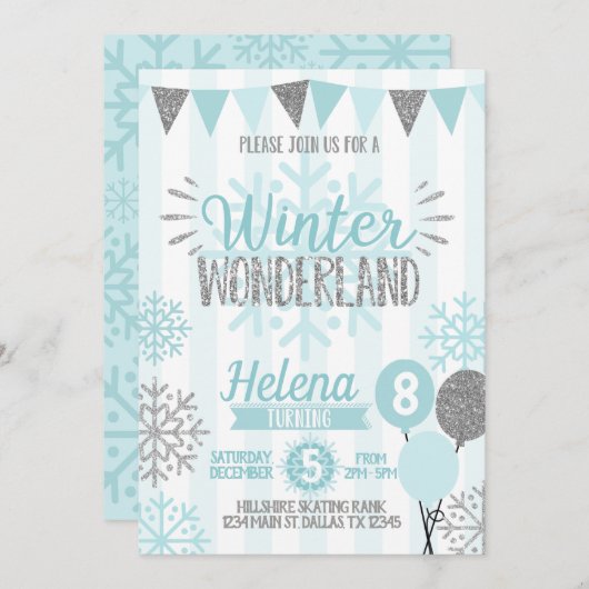 Winter Wonderland Snowflake Birthday Uitnodiging (Voorkant / Achterkant)