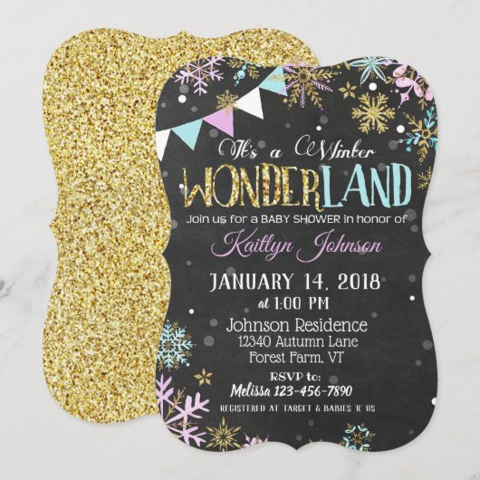 Winter Wonderland Snowflake Chalkboard Baby shower Kaart (Voorkant / Achterkant)