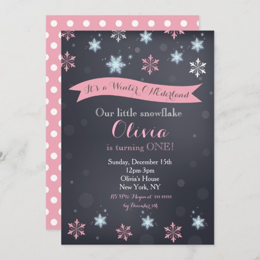 Winter Wonderland Snowflake Verjaardag Uitnodiging (Voorkant / Achterkant)