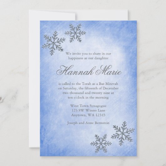 Winter Wonderland Snowflakes Blue Bat Mitzvah Kaart (Voorkant)