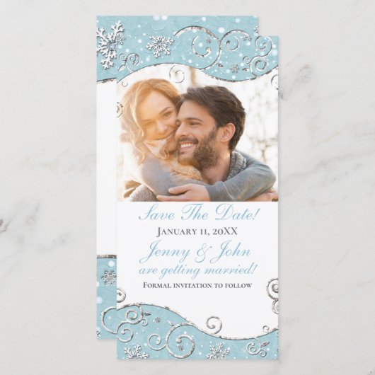Winter Wonderland Snowflakes Swirl Fotokaart Save The Date (Voorkant / Achterkant)