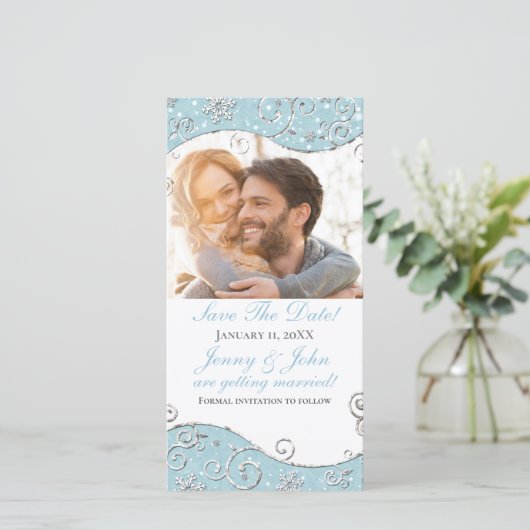 Winter Wonderland Snowflakes Swirl Fotokaart Save The Date (Staand voorkant)