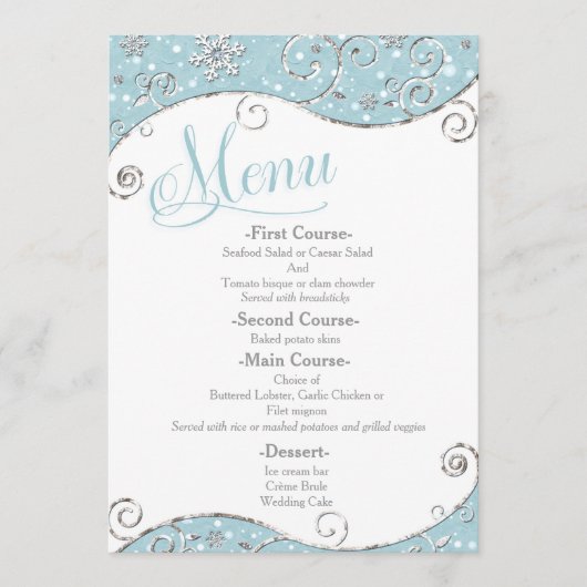 Winter Wonderland Snowflakes Swirl Wedding Menu (Voorkant)