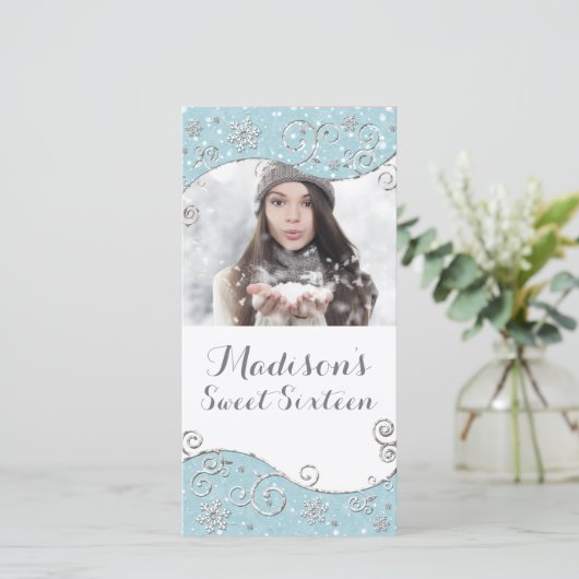 Winter Wonderland Snowflakes Zilveren Werveltje Fo Save The Date (Staand voorkant)