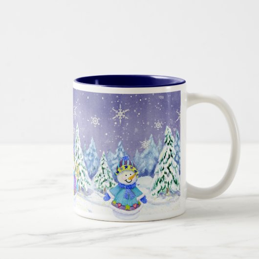 Winter Wonderland Snowman Pine Trees Coffee Cup Tweekleurige Koffiemok (Rechts)