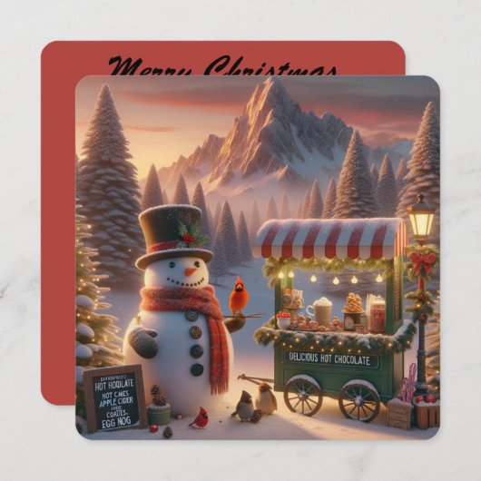 Winter Wonderland Snowman's Hot Chocolate Cart Feestdagenkaart (Voorkant / Achterkant)