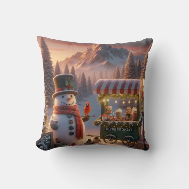 Winter Wonderland Snowman's Hot Chocolate Cart Kussen (Voorkant)