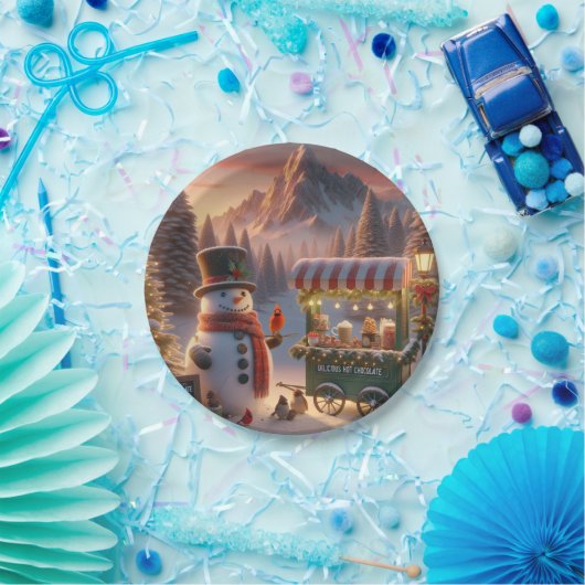 Winter Wonderland Snowman's Hot Chocolate Cart Papieren Bordje (Feest)