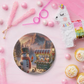Winter Wonderland Snowman's Hot Chocolate Cart Papieren Bordje (Feest)