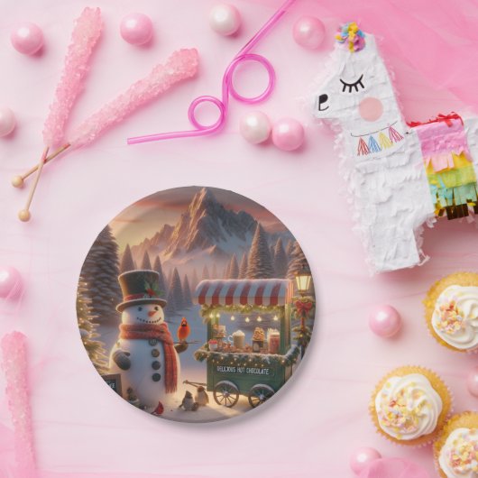 Winter Wonderland Snowman's Hot Chocolate Cart Papieren Bordje (Feest)