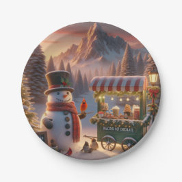 Winter Wonderland Snowman's Hot Chocolate Cart Papieren Bordje