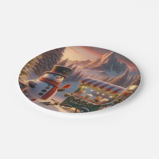 Winter Wonderland Snowman's Hot Chocolate Cart Papieren Bordje (Gekanteld)