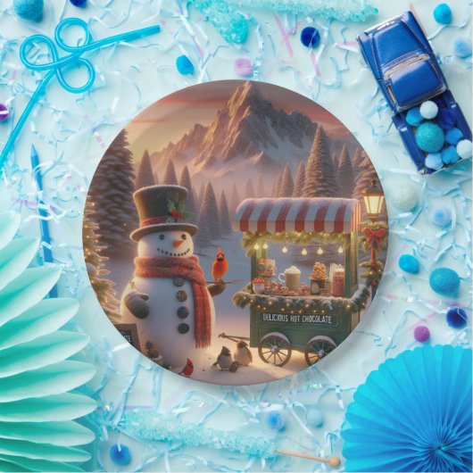 Winter Wonderland Snowman's Hot Chocolate Cart Papieren Bordje (Feest)