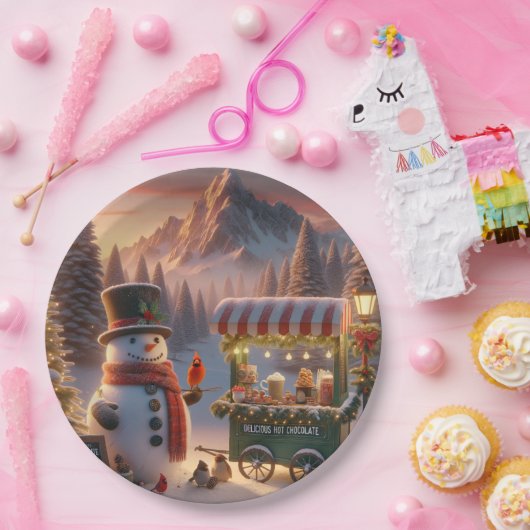 Winter Wonderland Snowman's Hot Chocolate Cart Papieren Bordje (Feest)