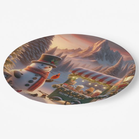 Winter Wonderland Snowman's Hot Chocolate Cart Papieren Bordje (Gekanteld)