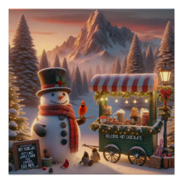 Winter Wonderland Snowman's Hot Chocolate Cart Perfect Poster