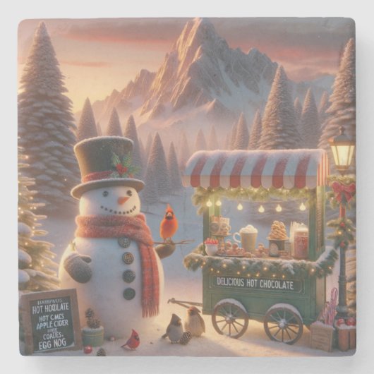 Winter Wonderland Snowman's Hot Chocolate Cart Stenen Onderzetter (Voorkant)