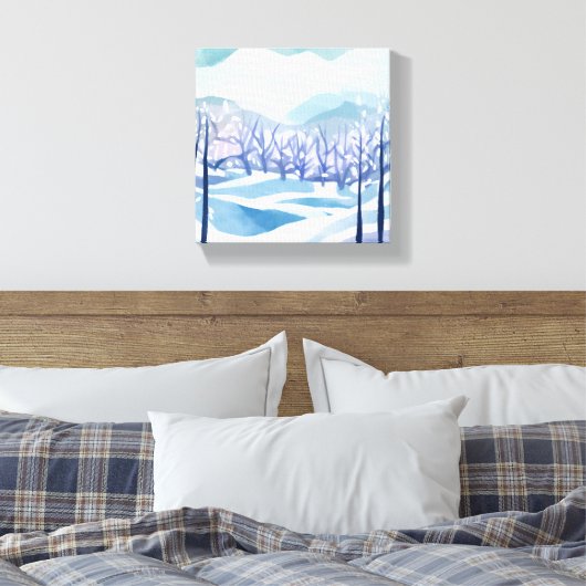 Winter Wonderland Snowy Blue Waterverf Schilderij Canvas Afdruk (Insitu (Slaapkamer))