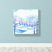 Winter Wonderland Snowy Blue Waterverf Schilderij Canvas Afdruk (Insitu (Houten vloer))