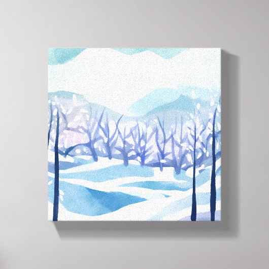 Winter Wonderland Snowy Blue Waterverf Schilderij Canvas Afdruk (Voorkant)
