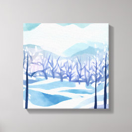 Winter Wonderland Snowy Blue Waterverf Schilderij Canvas Afdruk