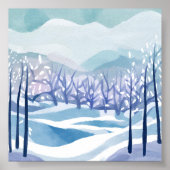 Winter Wonderland Snowy Blue Waterverf Schilderij Poster (Voorkant)