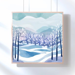 Winter Wonderland Snowy Blue Waterverf Schilderij Poster