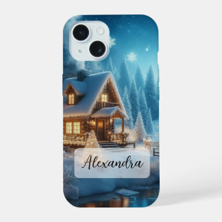 Winter Wonderland Snowy Cabin met Frozen River iPhone 15 Case