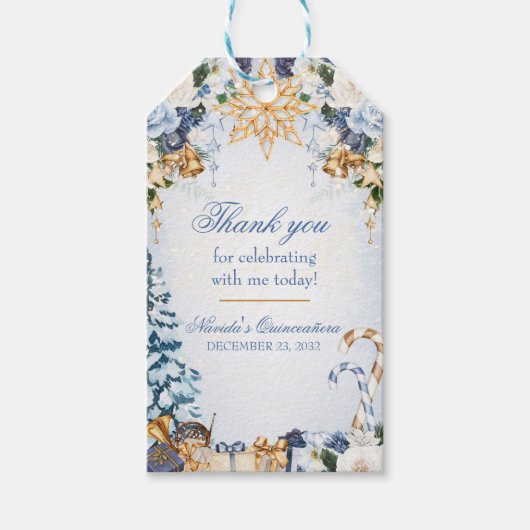 Winter Wonderland Snowy Vakantie Quinceanera Favor Cadeaulabel (Voorkant)
