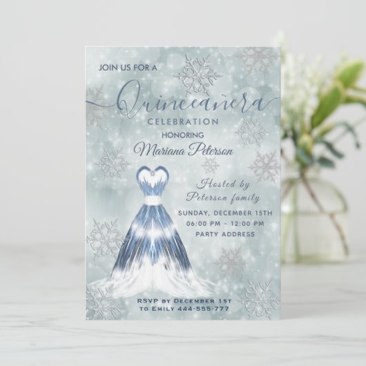 Winter wonderland stoffig blauw Quinceañera Kaart (Staand voorkant)