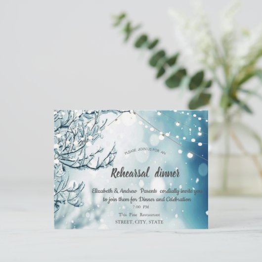 Winter Wonderland, String Lights Rehearsal Dinner Kaart (Staand voorkant)