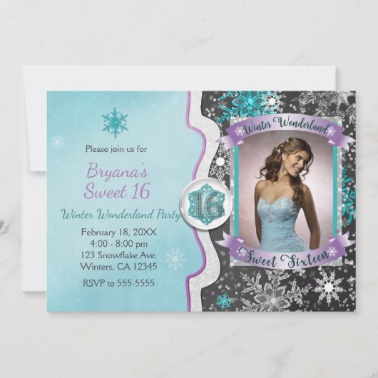 Winter Wonderland Sweet 16 Party Foto Uitnodiginge Kaart (Voorkant)